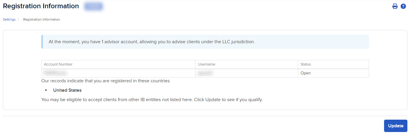 The registration information panel in advisor portal. 